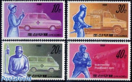 Korea, North 1989 Public Services 4v, Mint NH, Health - Transport - Health - Automobiles - Fire Fighters & Prevention - Autos