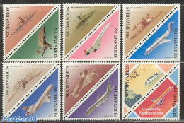 Suriname, Republic 1987 Aeroplanes 6x2v, Mint NH, Transport - Stamps On Stamps - Aircraft & Aviation - Sellos Sobre Sellos