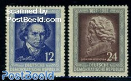 Germany, DDR 1952 Ludwig Von Beethoven 2v, Mint NH, Performance Art - Music - Nuevos