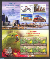 Australia 2024 Perth Stamp & Coin Show 2 S/s, Mint NH, Nature - Transport - Birds - Parrots - Railways - Neufs