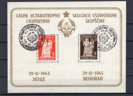 1945. YUGOSLAVIA,BLACK CANCELLATION,1943. JAJCE -1945 BELGRADE,AVNOJ,BLOCK, MS,USED,SLOVENIAN TEXT - Blocks & Sheetlets