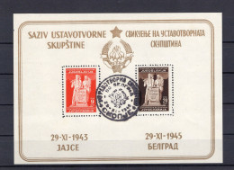 1945. YUGOSLAVIA,BLACK CANCELLATION,1943. JAJCE -1945 BELGRADE,AVNOJ,BLOCK, MS,USED,MACEDONIAN TEXT - Blocks & Kleinbögen