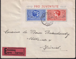 1937 Pro Juventute, Eilbrief Mi:CH Bi. 3 Zum:CH J83I/J84I, Stempel: 8 Eckig TELGRAPH ZÜRICH, Knabe Und Mädchen - Briefe U. Dokumente