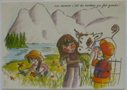 VACHE - Enfant En Bord De Rivière Qui Caresse La Vache - Dessin Illustrateur - Carte Publicitaire Secours Populaire - Mucche