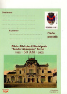 ROMANIA 062x2002: TOWN TURDA PUBLIC LIBRARY - 50 YEARS Unused Prepaid Postal Stationery Cover - Registered Shipping! - Entiers Postaux