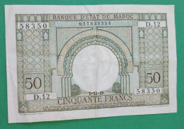 MAROC MOROCCO MARRUECOS MAROKKO BANQUE D'ETAT 50 FRANC 1949 - Marokko