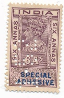 INDIA 6a Special Adhesive Revenue - PERFIN (1.52?) - Official Stamps