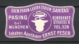 Präge-Reklamemarke Chem. Pharm. Laboratorium Sanitas, Inhaber Ernst Feser, Rembrandtstrr. 8, Pasing  - Cinderellas