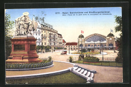 AK Basel, Bahnhofsplatz Und Strassburgerdenkmal  - Bâle