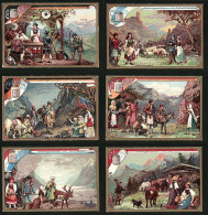 6 Sammelbilder Liebig, Serie Nr. 490: Gebirgsvölker, Schweiz, Norwegen, Kaukasus, Schottland, Tyrol  - Liebig