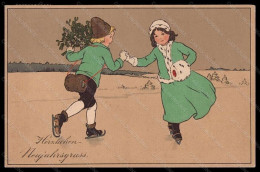 Artist Signed F. Hardy ? Children Christmas Ice Skating Meissner GLUED Pc VK6706 - Altri & Non Classificati