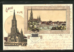 Lithographie Ulm / Donau, Münsterkirche Und Stadtpanorama  - Ulm