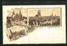 Lithographie Lübeck, Holstenthor, Panoramablick Auf Die Stadt  - Luebeck