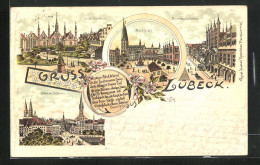 Lithographie Lübeck, Marktplatz, Breitestrasse Mit Rathaus, Geibel-Denkmal, Lübeck Vom Holstenthor Gesehen  - Luebeck