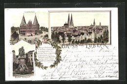 Lithographie Lübeck, Holstenthor, Geibel-Denkmal, Teilansicht Mit Dom  - Lübeck