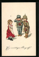 AK Zwei Junge Soldaten Salutieren Einem Mädchen, Kinder Kriegspropaganda  - War 1914-18