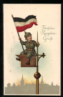 AK Junger Soldat In Uniform Sitzt Auf Strassenmast, Kinder Kriegspropaganda  - War 1914-18