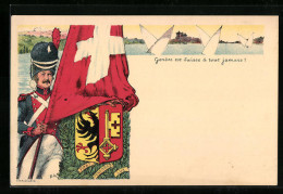 Künstler-AK Geneve, Soldat Mit Schweizer Nationalflagge  - Other & Unclassified