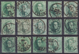 Belgique - Ensemble De 15 Timbres 1c Vert Médaillons Dentelés (nuances, Planchage, Variétés, …) - 1863-1864 Medaillons (13/16)