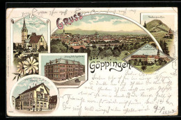 Lithographie Göppingen, Totalansicht, Gasthaus Württemberger Hof L. Merg, Neues Schulgebäude  - Goeppingen