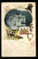 Passepartout-Lithographie Schönmünzach, Hotel Pension Waldhorn, Wappen  - Otros & Sin Clasificación