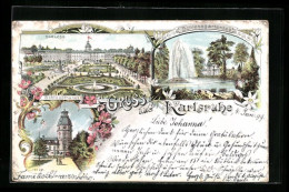 Lithographie Karlsruhe, Schlossgartensee, Schloss, Schlossthurm  - Karlsruhe