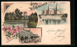 Lithographie Wilhelmshaven, Kriegsschiff SMS Gneisenau, Roonstrasse, Park  - Guerra