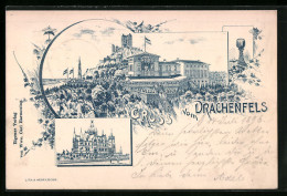 Lithographie Drachenfels, Hotel Und Weinhandlung Auf Dem Drachenfels, Schloss, Weinglas  - Drachenfels