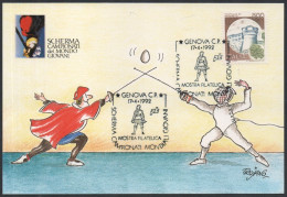 FENCING - ITALIA GENOVA 1992  CAMPIONATI MONDIALI GIOVANILI DI SCHERMA - MOSTRA FILATELICA - CARTOLINA MAXIMUM UIFOS - A - Scherma