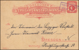 Privatpostkarte Dresdner Verkehrsanstalt Hansa, Rahmen-O HANSA-DRESDEN 12.5.1887 - Postes Privées & Locales