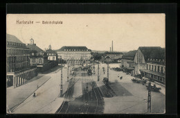AK Karlsruhe, Bahnhofsplatz Aus Der Vogelschau  - Karlsruhe