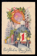 AK Neujahr: Eisenbahn Mit Kalenderblatt 1 Hufeisen Glücksklee, Gelaufen Um 1935 - New Year