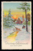 AK Neujahr: Dorfidylle Sonnenuntergang Im Winter, Bahnpost VAREL-NEUERBURG 1937  - Neujahr