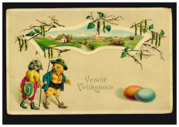 AK Ostern: Vermenschlichte Tiere - Küken In Tracht Mit Dorflandschaft, Um 1910 - Costumes