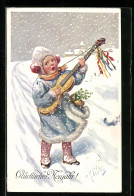 Künstler-AK Karl Feiertag: Kleines Mädchen Mit Gitarre Im Schnee, Neujahrsgruss  - Feiertag, Karl