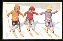 Künstler-AK Karl Feiertag: Drei Kinder Fahren Ski  - Feiertag, Karl