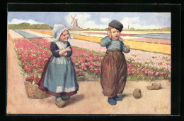 Künstler-AK Karl Feiertag: Holländisches Paar Am Blumenbeet, Im Hintergrund Windmühle  - Feiertag, Karl