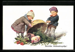 Künstler-AK Karl Feiertag: Kinderpaar Mit Tanne Und Blumen Im Korb, Weihnachtsgruss  - Feiertag, Karl