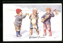 Künstler-AK Karl Feiertag: Drei Kinder Mit Instrumenten Und Schwein, Neujahrsgruss  - Feiertag, Karl