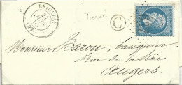 Maine Et Loire , Briollay , Cachet T 15 , G C 627 Du 21 Juin 1865 ,cachet  Boite Rurale C ( Tiercé ) - 1849-1876: Classic Period