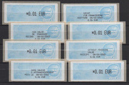 L'EURO, 8 ATMs, LISA1, 0.01€ Et LES 4 RECUS EN 4 LANGUES. 08/02/2002, 3ème BIENALE PHILATELIQUE. PARIS. - 1999-2009 Illustrated Franking Labels