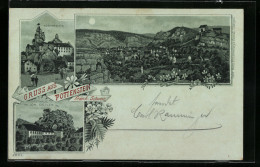 Lithographie Pottenstein /Fränk. Schweiz, Gasthaus V. Joh. Distler, Tüchersfeld, Ortsansicht  - Pottenstein