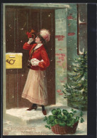 AK Briefträgerin Mit Posthorn Und Briefen Am Postkasten, Neujahrsgruss  - Postal Services