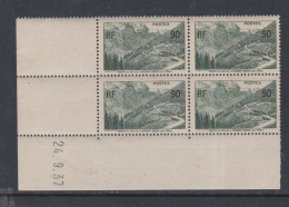 France N° 358 XX Ouverture Route Du Col De L'Iseran En Boc De 4 Coin Daté Du 24 . 9 . 37, Trace Ch. Sur Bord Feuille, TB - 1930-1939