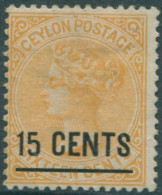 Ceylon 1885 SG189 15 CENTS On 16c Orange-yellow QV MLH (amd) - Sri Lanka (Ceilán) (1948-...)