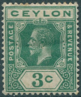 Ceylon 1912 SG302 3c Blue-green KGV #3 MLH (amd) - Sri Lanka (Ceylon) (1948-...)