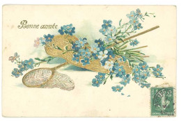 Cpa Fantaisie " Bonne Année ", Gaufrée & Dorée - Fleurs / Filet à Insectes - Altri & Non Classificati