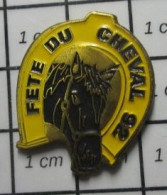 1618B Pin's Pins / Beau Et Rare : ANIMAUX / CHEVAL NOIR TETE FER JAUNE FETE 92 - Dieren