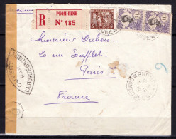 1939 INDOCHINE CAMBODGE PNOM-PENH LETTRE RECOMMANDÉE RARES CACHETS CENSURE MILITAIRE - Storia Postale