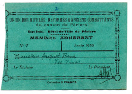 Carte D'Adhérent à L'Union Des Anciens Combattants Du Canton De PERIERS (Manche). Cotisation De 1930 De René Jacquot - Ohne Zuordnung
